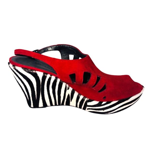 Vaneli Red Suede Open-Toe Zebra Wedge Heel Sandals Cut-Out 8 Glam City Mob wife - Picture 7 of 10